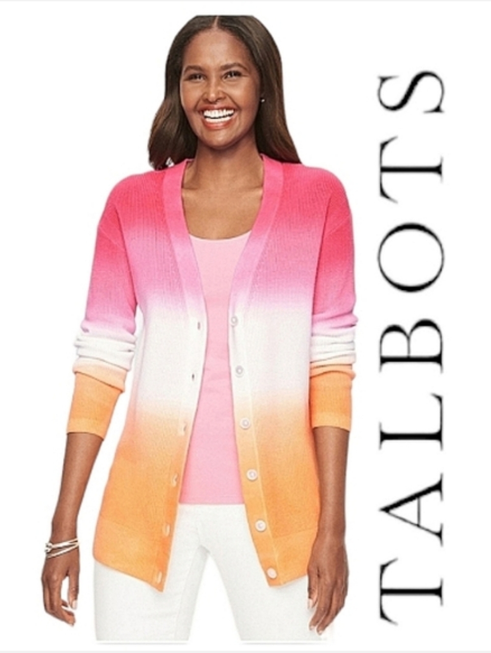 Talbots Girlfriend Cardigan in Pink & Orange Camellia Rose XS-S NWT